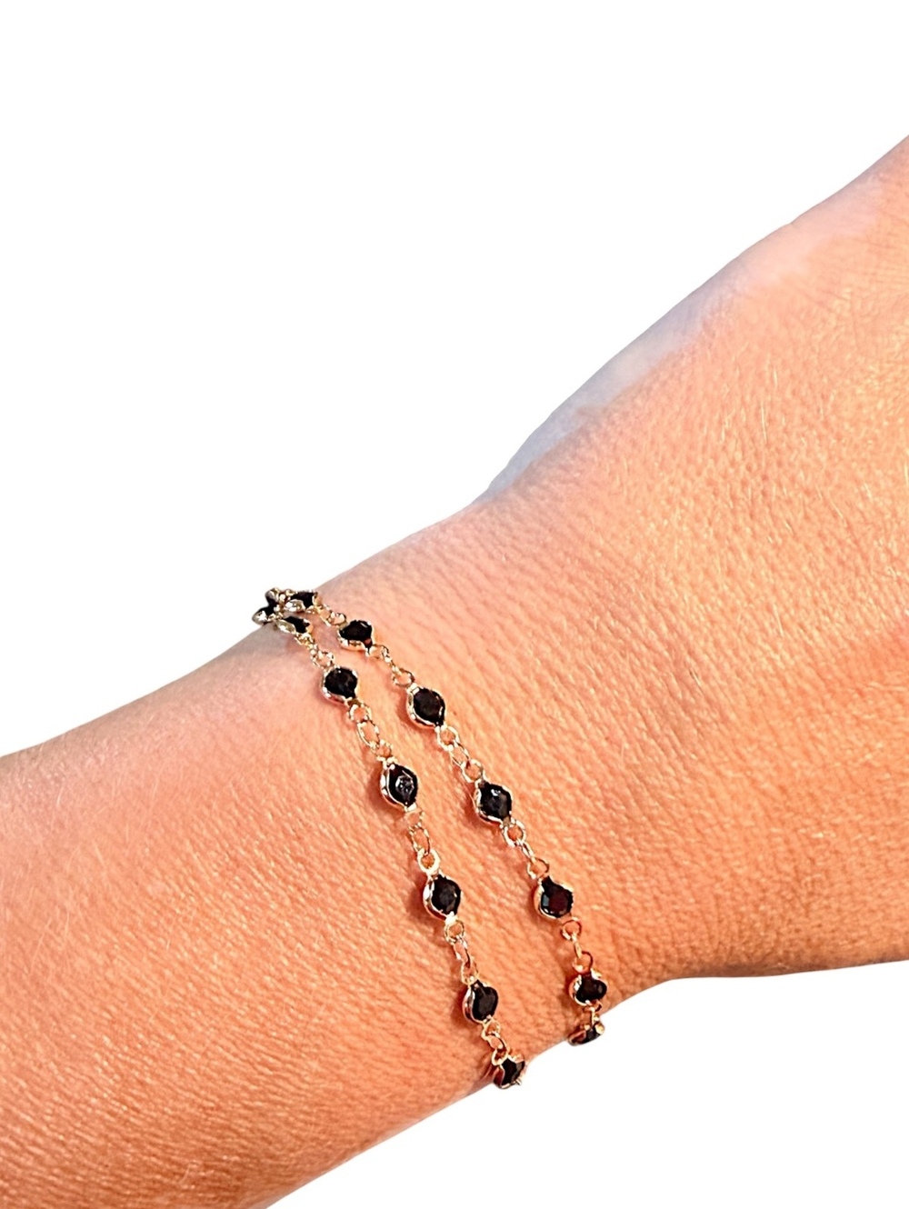 Homemade Delicate Gold Plated Chain Bracelet with Black Beaded Accents